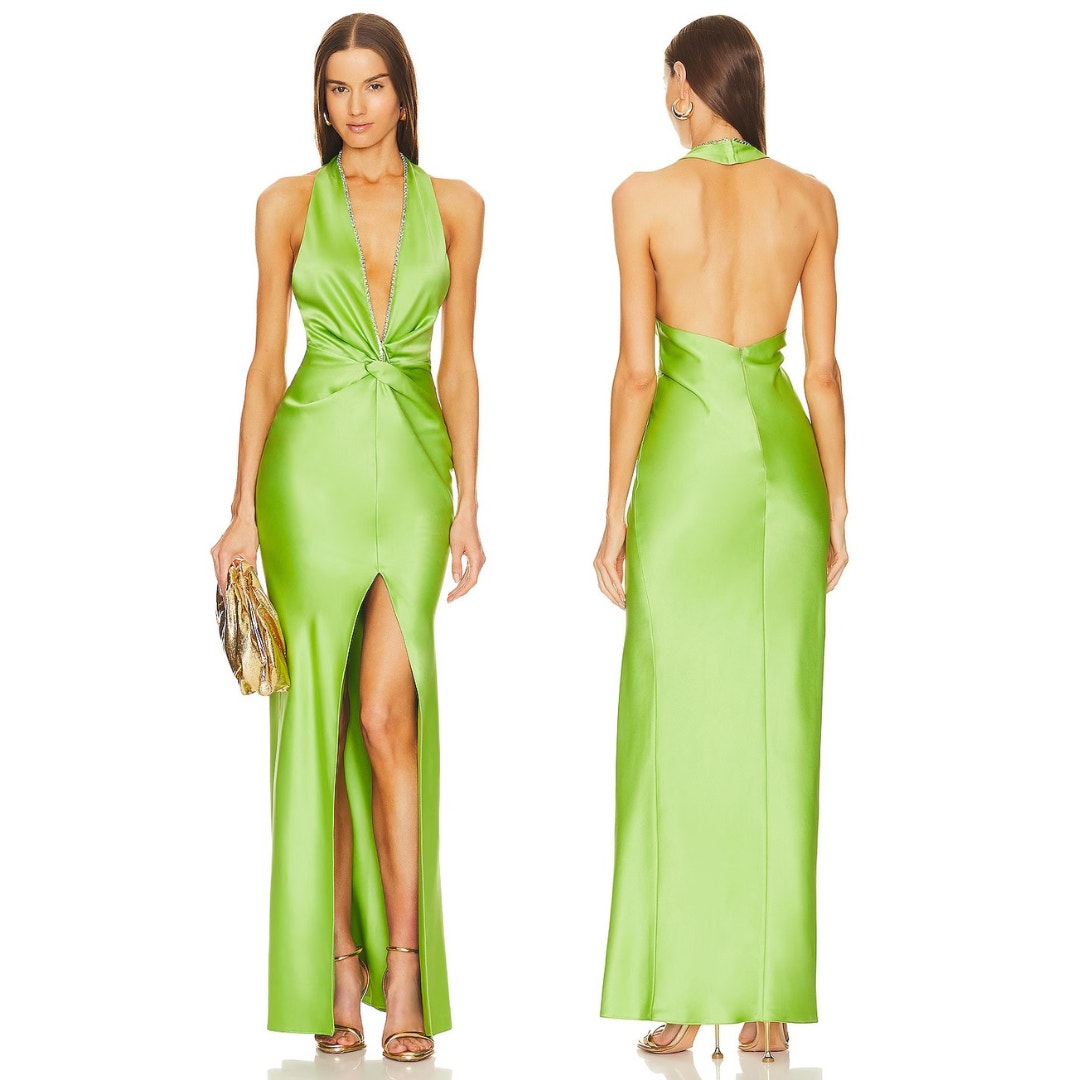 Khanums Halter Gown Rhinestone Embellished Satin High Slit Green Size L *Flaws*